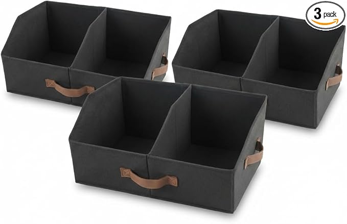 Closet Organizers And Storage - UPGRADED Trapezoid Storage Bin With Leather Handles & Adjustable Dividers, Fabric Collapsible Storage Bins For Clothes Storage & Shelf Organizer (3pcs, Small, Black)