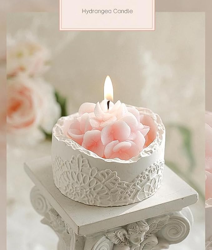 Pink Hydrangea Flower Scented Candle - Teacher Appreciation Gifts for Women, Thank You Gift for Mom Wife on Mother's Day, Decorative Lace Cup Romantic Rustic Floral Candle, Home Fragrance Decor