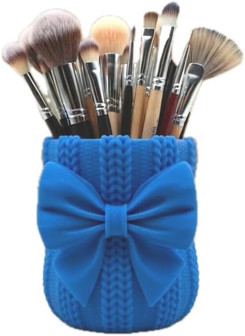 Knitted Bowknot Makeup Brush Holder, Cute Bow Vase, Pen Organizer for Kitchen, Bathroom or Office (Blue)