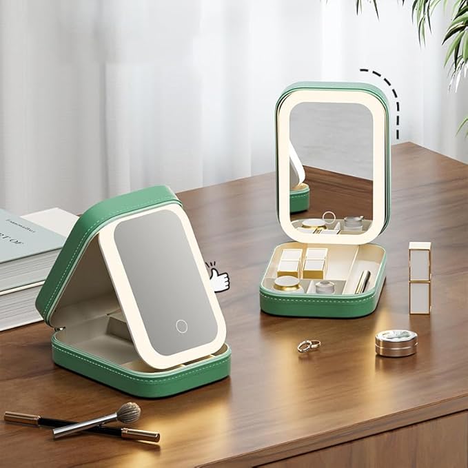 Led Three-Color Adjustable Makeup Mirror, Led Vanity Mirror Jewelry Box, Travel Portable Rechargeable Makeup Organizer with Led Lights (Pink)