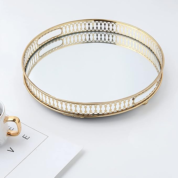 Mirrored Vanity Tray Gold Metal Perfume&Makeup Organizer Vintage Jewelry Display Storage Elegant Table Centerpiece Decorative for Dresser,Bedroom,Home Decor (Round)