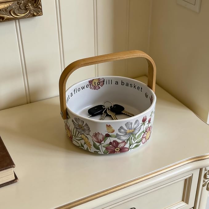 Ceramic Fruit Bowl with Detachable Wooden Handle Candy Dish Decorations Ornaments Decorative Bowl Birthday & Thank You Gifts(Magenta Flowers and Butterflies)
