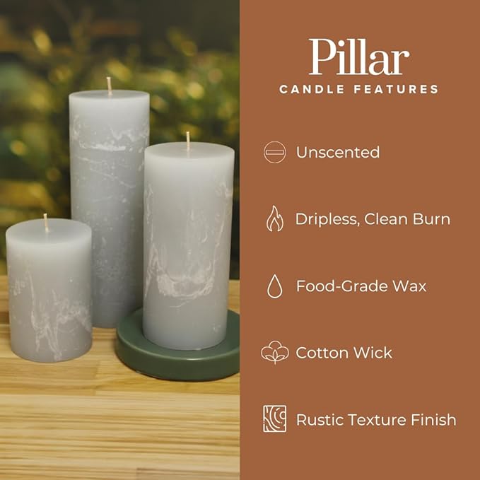 Simply Soson 3x4, 3x6, 3x8 inch Grey Pillar Candles, Set of 3 Pillar Candles, Rustic Texture, Unscented Grey Candles, Dripless Candles, Ideal as Wedding, Parties, Spa, Dinner, Home Decor, Church