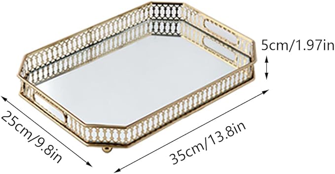 Gold Decorative Rectangular Desktop Tray, Perfume and Makeup Organizer with Handles for Dresser, Older Organizer for Women Dresser & Bathroom Countertop