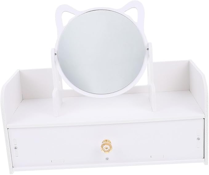 Housoutil Multifunctional Tabletop Makeup Mirror with Large Storage Box, Single Drawer Vanity Mirror for Bedroom Dresser, Portable Cosmetic Organizer for Travel and Daily Use