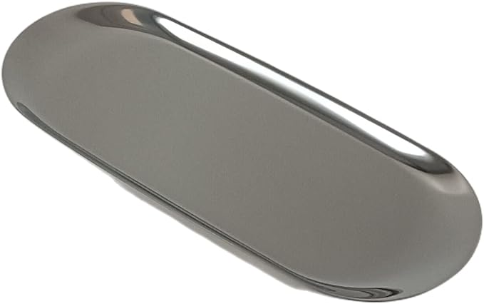Stainless Steel Decorative Storage Organizer Plate，Dish Plate Tea Tray Fruit Trays for Jewelry, Fruit, Food, Makeup Cosmetic, Towel, Perfume, Candle Trimmer, Silver, Oval, 9.06" x 3.7"
