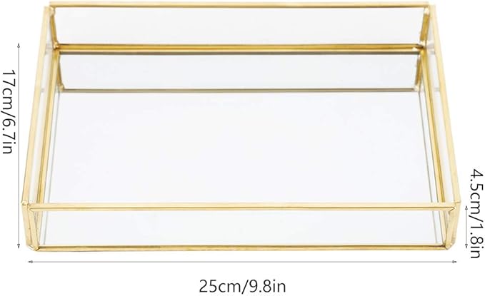 Gold Perfume Tray, Rectangle Decorative Glass Mirror Vanity Tray Jewelry Photo Display Organizer for Trinket Cosmetics Makeup Bathroom Bedroom Home Table Decorative (M)