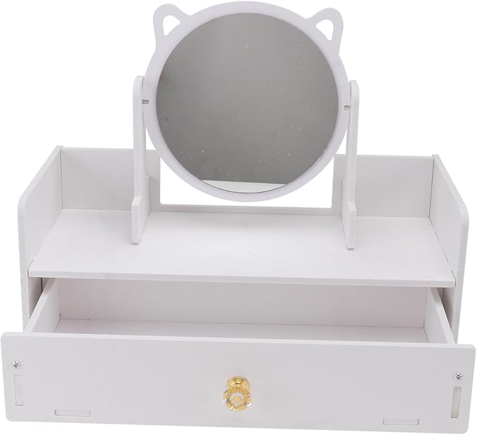 SHERCHPRY 1Pc Rotatable Desktop Makeup Mirror with Storage Drawer Girl Cosmetics Organizer Box for Vanity Countertop Clear Smooth Reflective Surface Material