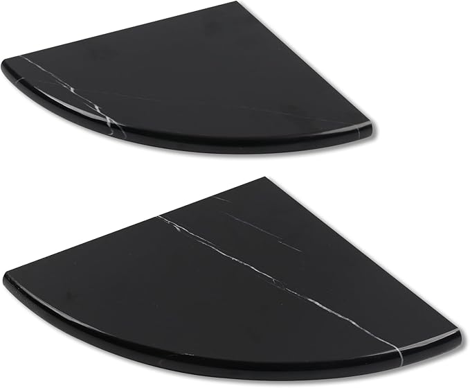 Lovdeco 2 Pcs Black Marble Corner Shelf, Nero Marquina Black Marble Corner Shower Shelf, Polished 9" Round Edge Corner Shelves for Bathroom, Kitchen, Office, Living Room, 2 Piece