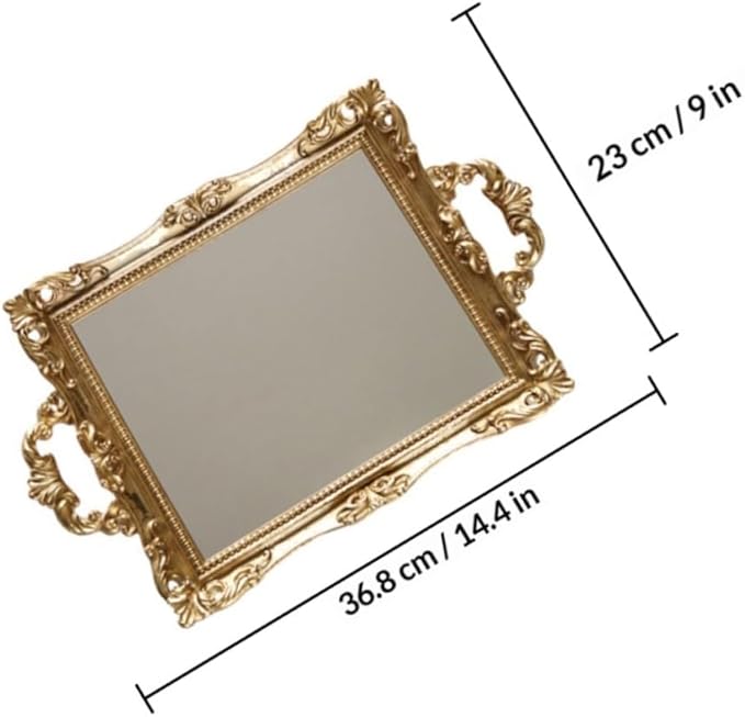 Veemoon Vintage Carved Mirror Tray Nordic Style Golden Resin Decorative Storage Plate for Perfume Makeup Organizer Wedding Dessert Table