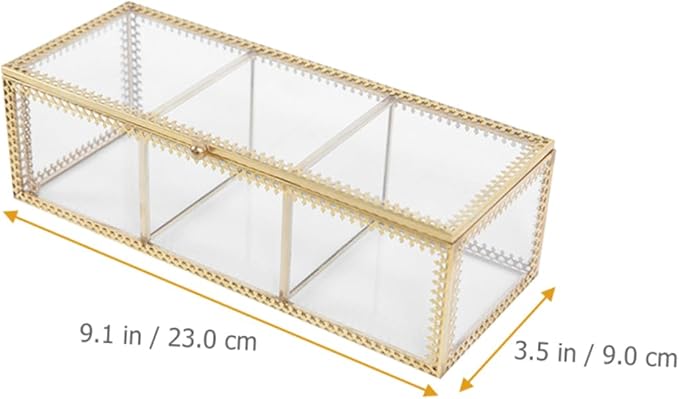 POPETPOP Glass Jewelry Box with Metal Frame Compartments Makeup Organizer and Desk Storage Dustproof Vanity Organizer for Rings Earrings Necklaces Bracelets Watches and Cosmetics