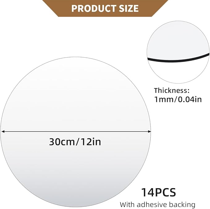 Acrylic Round Mirrors, 12 inch Circle Mirror Tiles Self Adhesive Mirror Stickers for Wall Home Living Room Bedroom Decor, Small Mirrors for Crafts (14, 12 inch/30cm)