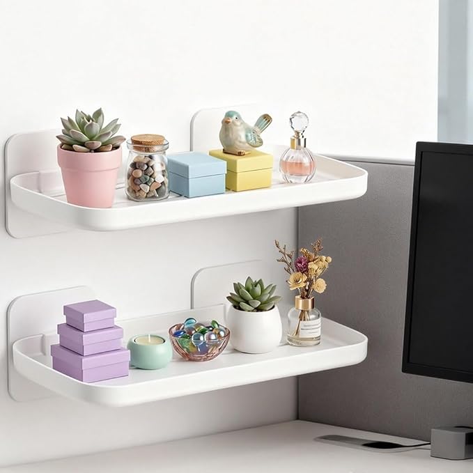 2pc Wall Mounted Floating Shelf, Acrylic Display Ledges with Edge Design, Small Space-Saving Display & Organizer for Living Room, Bathroom, Gaming Room, Office (White)