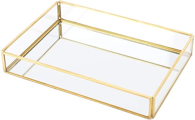 Gold Perfume Tray, Rectangle Decorative Glass Mirror Vanity Tray Jewelry Photo Display Organizer for Trinket Cosmetics Makeup Bathroom Bedroom Home Table Decorative (M)