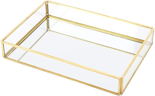 Gold Perfume Tray, Rectangle Decorative Glass Mirror Vanity Tray Jewelry Photo Display Organizer for Trinket Cosmetics Makeup Bathroom Bedroom Home Table Decorative (M)
