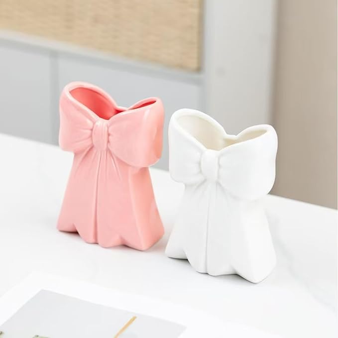 Bow Vase Resin Decorative Small Vase, Pink White Makeup Brush Holder Pen Organizer for Desk, Bathroom Counter Organizer, Home Office Decor Cute Storage White