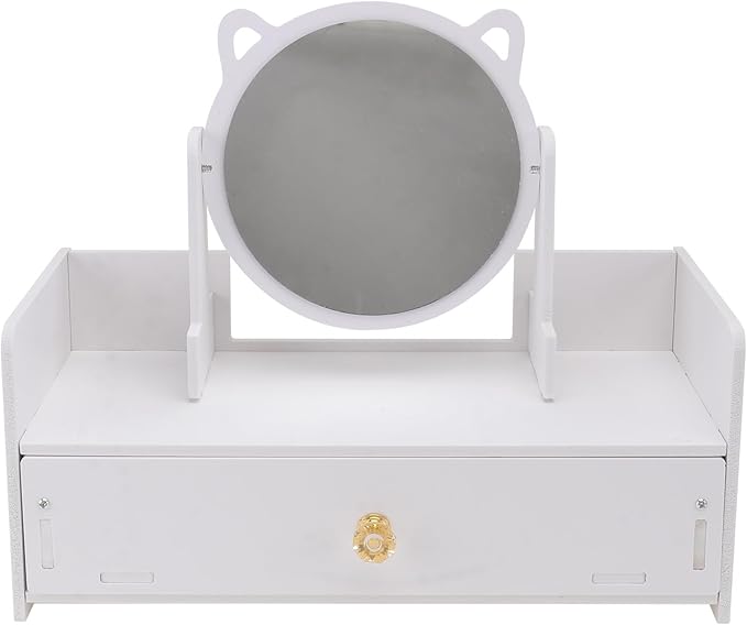 Tofficu Desktop Makeup Mirror with Storage Drawer, Large Round Cosmetic Organizer for Women, Multifunctional Vanity Mirror with Single Drawer for Bedroom and Dressing Table