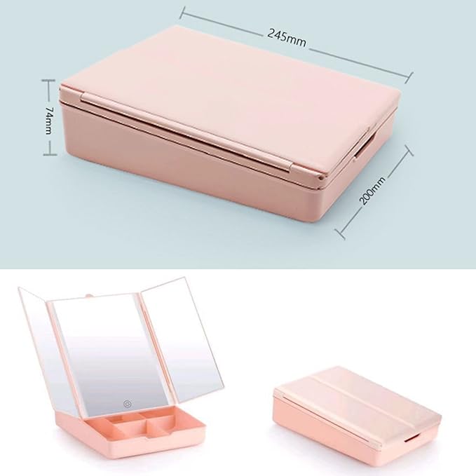 Makeup Mirror Vanity Mirror - Trifold Lighted Makeup Mirror, Makeup Mirror with Organizer and Lights, Makeup Mirror with Tray, Travel Mirror, Lighted Makeup Mirror, LED Mirror,White