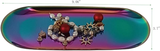 Stainless Steel Decorative Storage Organizer Plate，Dish Plate Tea Tray Fruit Trays for Jewelry, Fruit, Food, Makeup Cosmetic, Towel, Perfume, Candle Trimmer, Multi-Color, Oval, 9.06" x 3.7"