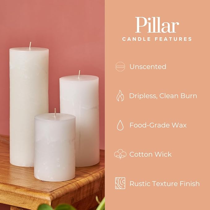 Simply Soson 3x3 inch White Pillar Candles Set of 3, Rustic Texture, Unscented White Candles, Dripless Candles, 3 inch Pillar Candles Ideal as Wedding, Parties, Spas, Dinner, Home Decoration, Church