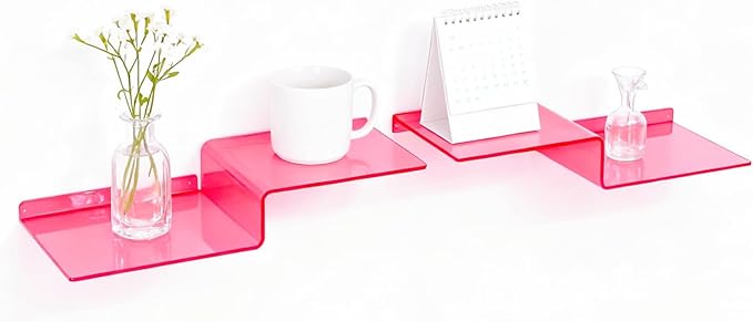SetGame 2-Pack Acrylic Shelves Z-Shaped Display Stand Wall Mounted, 12 Inch Wall Storage Organizer for Toys, Books, Plants, Photos Album, Suit for Office, Living Room, Room Decor (Neon Pink)