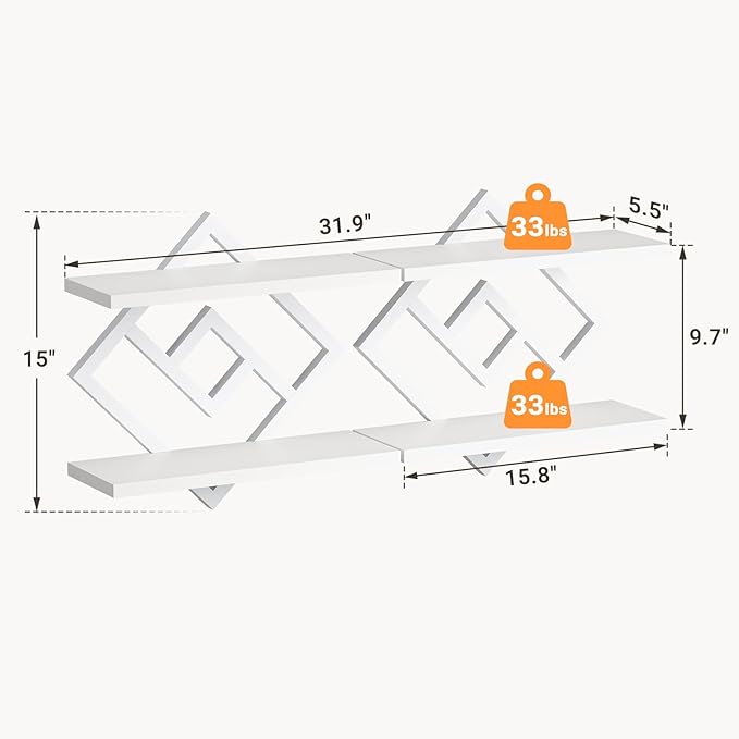 ELYKEN Floating Shelves for Wall, Set of 2 Hanging Shelves, 2-Tier Wall Mounted Storage Shelves for Books & Decor, Perfect for Living Room, Bedroom, Kitchen, Home Office, Study, White