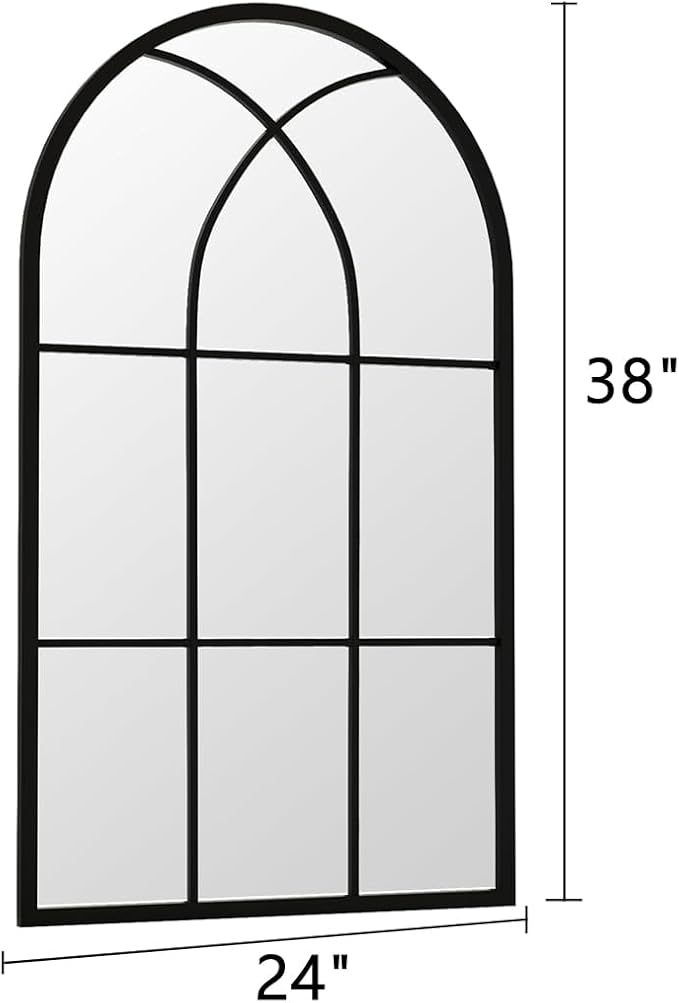Rowjut Arched Wall Mirror 38" x 24" Window & Wall Decorative Mirrors, Iron Framed Window Pane Mirror, Arched Top Wall Mirror for Entryway Living Room, Bedroom, Fireplace (Black)