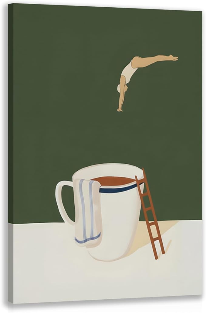 Cyebmo Modern Coffee Wall Art, Funny Diver Wall Decor, Vintage Kitchen Wall Decor, Minimalist Cafe Wrapped Canvas Painting, Green Abstract Espresso Artwork for Kitchen Cafe Coffee Bar 16x24 Inch