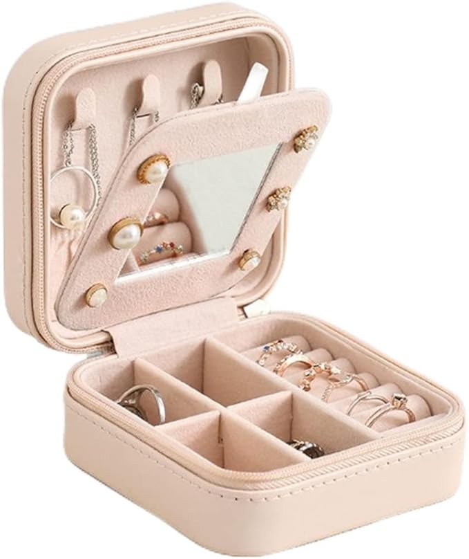 Double-layer Women's Mini stud earrings rings Jewelry Box Useful Makeup Organizer With Zipper Travel Portable Jewelry PU Box
