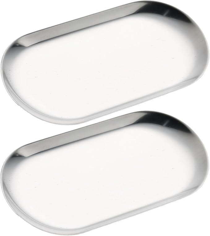 SUTOKAKA 2 Pack Stainless Steel Silver Decorative Tray, Small Oval Perfume Jewelry Candle Dish, Dinner Macarons Dessert Plate for Home Entry Decor Bathroom Kitchen Storage