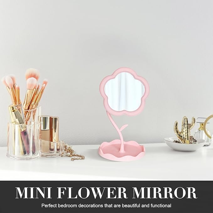 Flower Shape Mirror, Cute Daisy Floral Tabletop Vanity Mirror with Tray, Pink Aesthetic Kawaii Decorative Desk Makeup Organizer, Retro Boho Pastel Room Décor, Pink Color, Set of 1