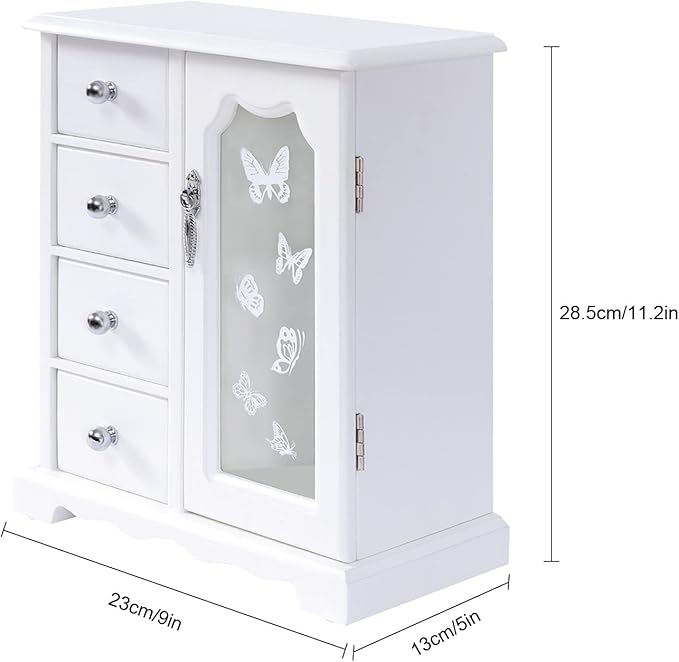 Solid Wooden Jewelry Box, 4-Drawers Makeup and Organizer Women Ring Storage with Built-in Necklace Carousel and Mirror, Solid Jewelry Organizer Wooden Jewelry Box for Women
