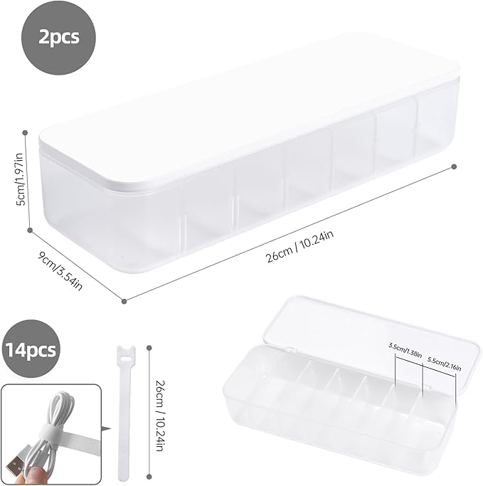 PAVSTINE 2 Pcs Cable Organizer Storage Box with 14 Wire Ties,Desktop Cable Management Box with Lid,Power Cord Organizer for Office,Home,Desk Accessories Storage Stationery Supplies White