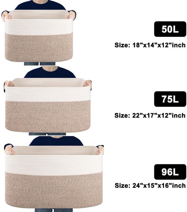 96L XL Large Cotton Rope Basket, Soft Toy Storage Bin for Nursery & Living Room, Decorative Blanket Basket for Bedroom, Baby-Safe Organizer for Pillows &Laundry, 24''×16''×15'', Brown & White