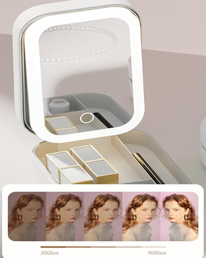 Led Three-Color Adjustable Makeup Mirror, Led Vanity Mirror Jewelry Box, Travel Portable Rechargeable Makeup Organizer with Led Lights (Pink)