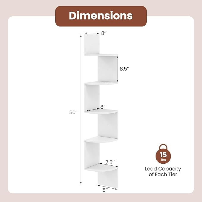 Giantex Corner Shelf Wall Mounted Set of 2, 5-Tier Floating Corner Bookshelf, Home Storage Organizer, Wooden Display Stand Rack for Wall, Plant Shelf for Living Room, Bedroom, Kitchen, White