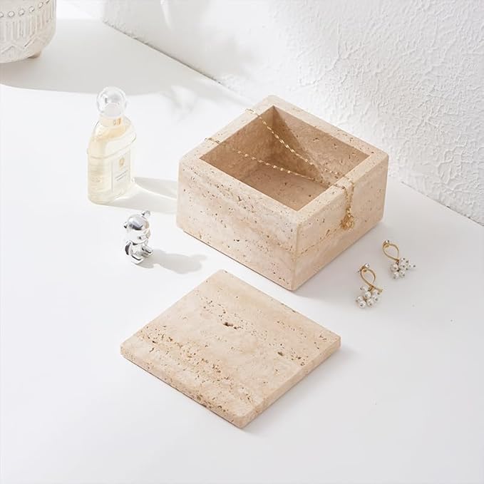 Natural Marble Storage Square Containers Cotton Swab Holder, Organizers with Lids,Travertine Stone Box for Qtips, Makeup, Bathroom Essentials & Home Storage (square box)