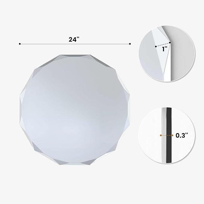 24 Inch Faceted Round Mirror for Wall Decor, Diamond-Cut Beveled Circle Vanity Mirror, Solid Backed Sparkle Frameless Mirror for Powder Room & Entryway, Art Deco Style