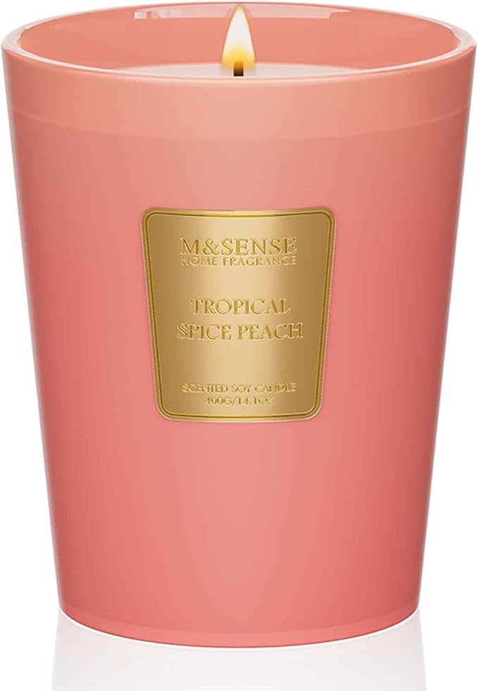 M&SENSE Tropical Spice Peach Scented Candle Home Decor, Natural Soy Wax, 14.1oz 60 Hours Long Lasting Slow Burning, Aromatherapy Candle for Stress Relief
