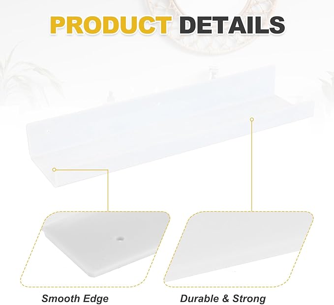 MECCANIXITY 2 Pack Acrylic Shelves for Wall, 15 Inch White Floating Shelves Wall Mount Display Shelf Organizer for Bathroom, Bedroom, Living Room, Room Decor