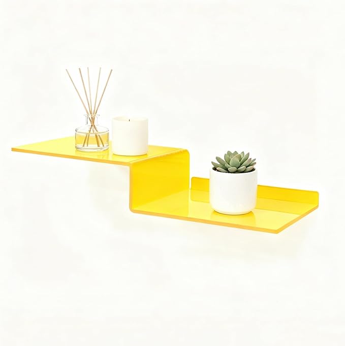 SetGame 2-Pack Acrylic Shelves Z-Shaped Display Stand Wall Mounted, 12 Inch Wall Storage Organizer for Toys, Books, Plants, Photos Album, Suit for Office, Living Room, Room Decor (Yellow)