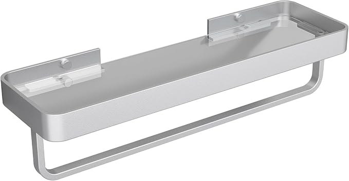 Danpoo 16 Inch Long Floating Bathroom Shelf with Towel Bar, Clear Tempered Glass Wall Shelf with Hand Towel Holder for Bathroom Storage Organizer, Matte Silver