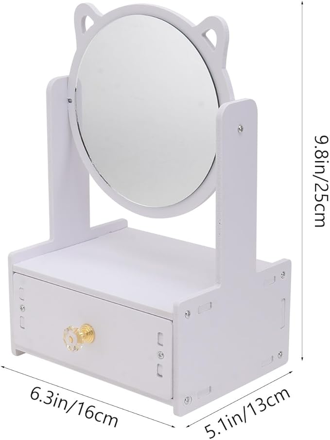 Desktop Cosmetic Mirror with Storage Drawer, Large Round Rotating Makeup Mirror for, Portable Vanity Organizer Box for Home and Bedroom Use