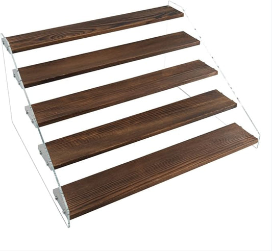 1 Pack Large 5 Tier Acrylic Display Stand 16*13*7.8 inches for Figures Wooden Risers Display Case for Craft Fair Acrylic Cupcake Stand for Dessert Table Cologne Organizer for Men (BROWN)