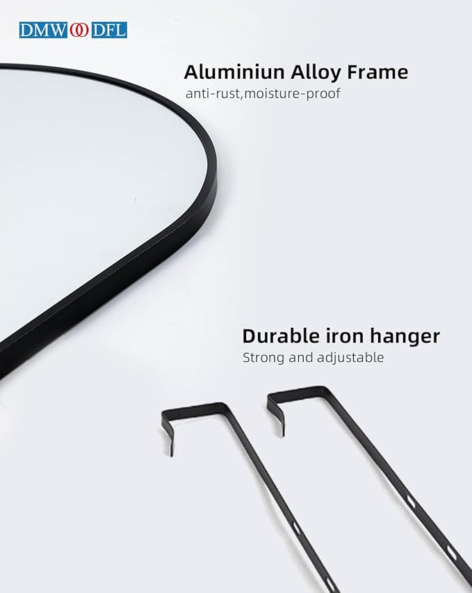 DMWOODFL Over The Door Full Length Arched Mirror - 14"x48", Tempered Glass & Aluminum Frame, No Drill Installation for Bedroom, Bathroom, Closet, Entryway (Black)