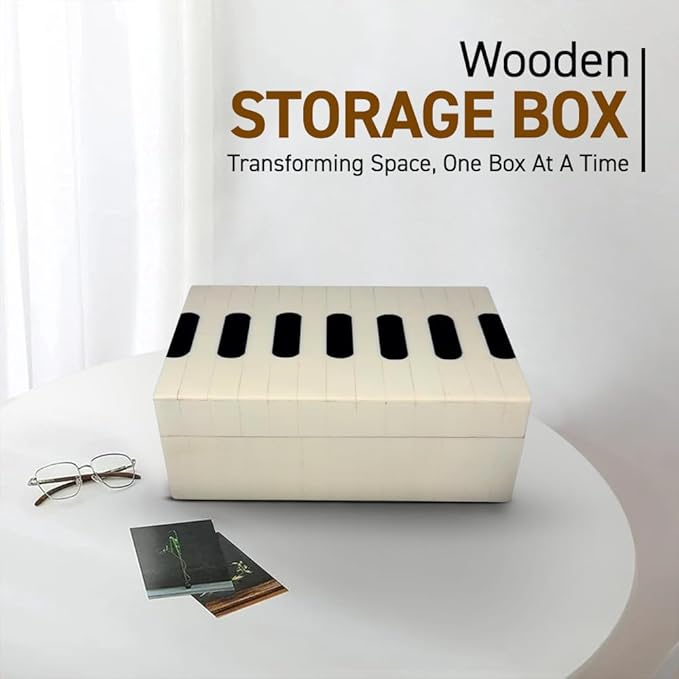 Perilla Home Home Decor Decorative Storage Wooden Box Small Piono Organizer Tool Stash Card Craft Treasure Trinket Memory Keepsake Jewelry Box for Men and Women, Gifts For All, Black and Off White