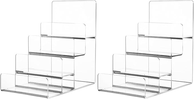 DOITOOL 4-Tier Clear Display Risers Stand: Acrylic Wallet Display Stand Holder, Clear Handbag Purse Display Stand Jewelry Display Riser Purse Handbag Organizer - 2 Pack (3.9X6.1X6.3inch)
