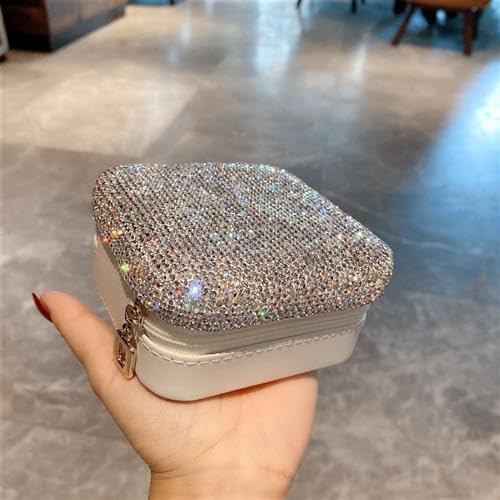 Bling Rhinestone Jewelry Box Case Makeup Organizer Dresser Display Cabinet Travel Portable Leather Partition Storage Box Gift for Sister's mom teacher