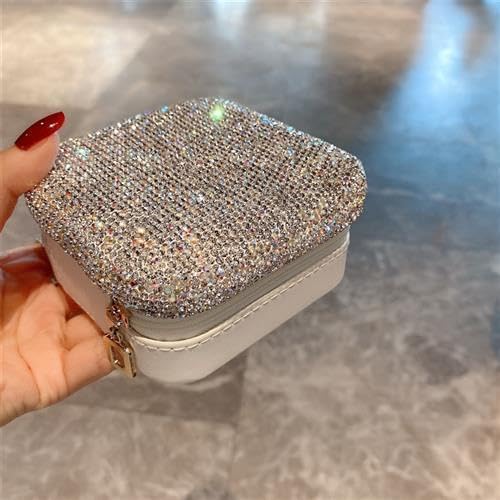 Bling Rhinestone Jewelry Box Case Makeup Organizer Dresser Display Cabinet Travel Portable Leather Partition Storage Box Gift for Sister's mom teacher