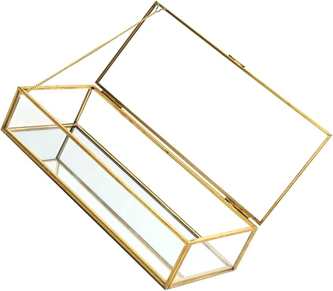 POPETPOP Vintage Golden-edged Glass Jewelry Box Organizer with Geometric Design, Wedding Jewelry Storage Holder for Desktop Display and Makeup Accessories